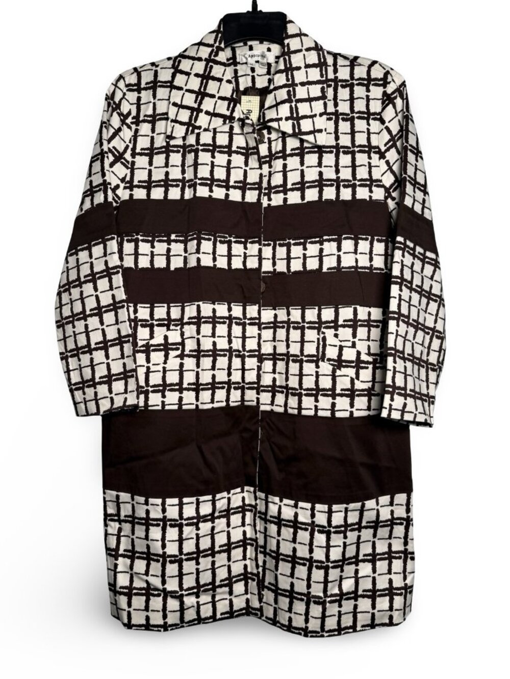 Appraisal Geometric Grid Mod Trench Coat Womens M Brown White 3/4 Sleeve Jacket